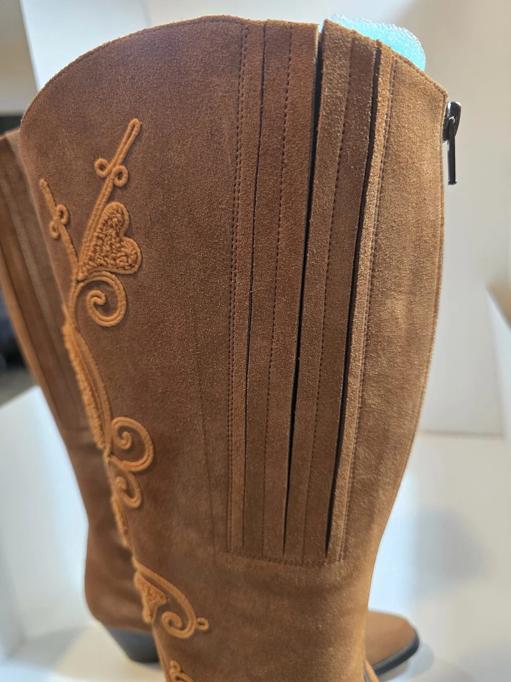 Embroidered Brown Suede Knee-High Boots